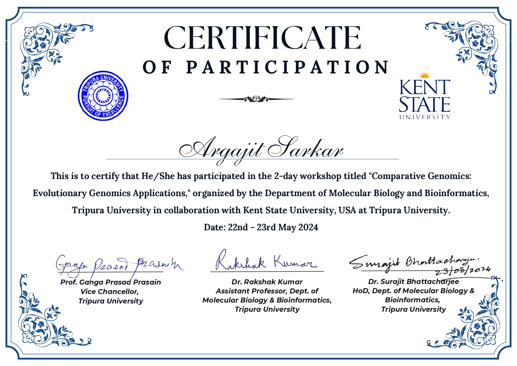 Kent State Comparative Genomics Workshop Certificate
